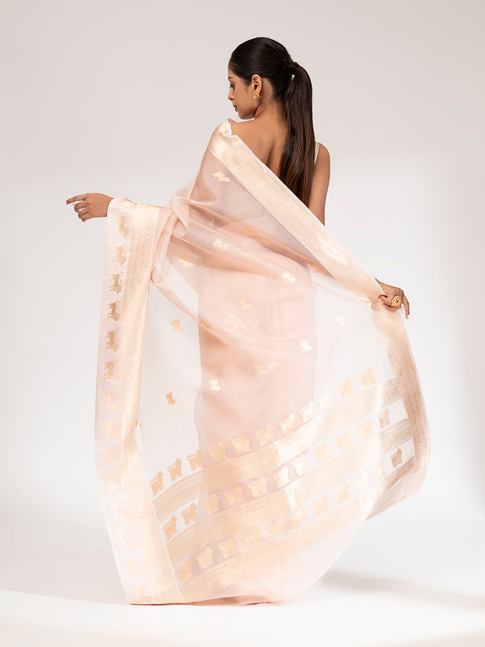 Light Peach Organza Handloom Banarasi Saree - Sacred Weaves