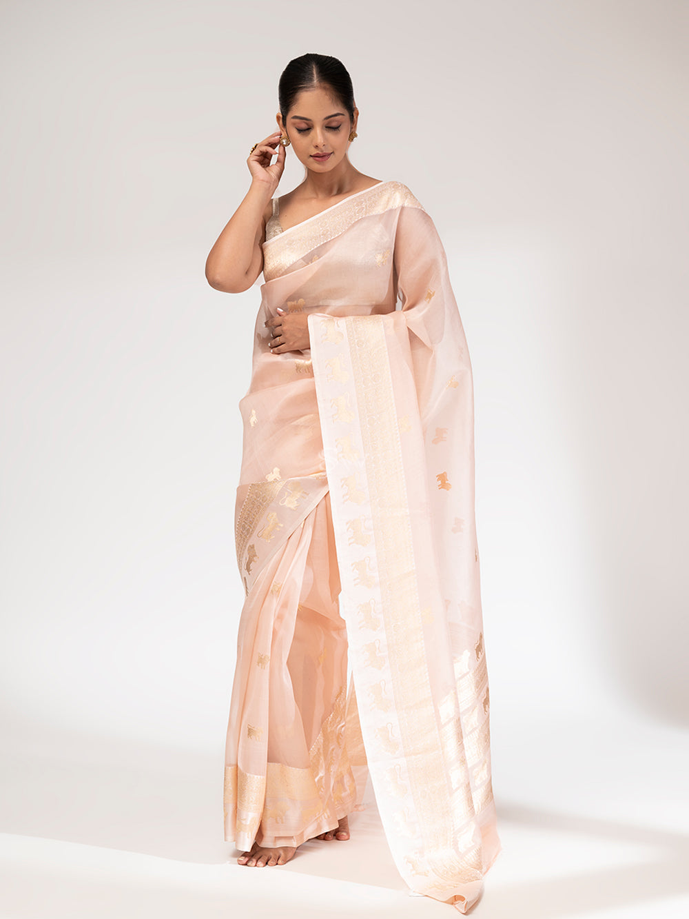 Light Peach Organza Handloom Banarasi Saree - Sacred Weaves