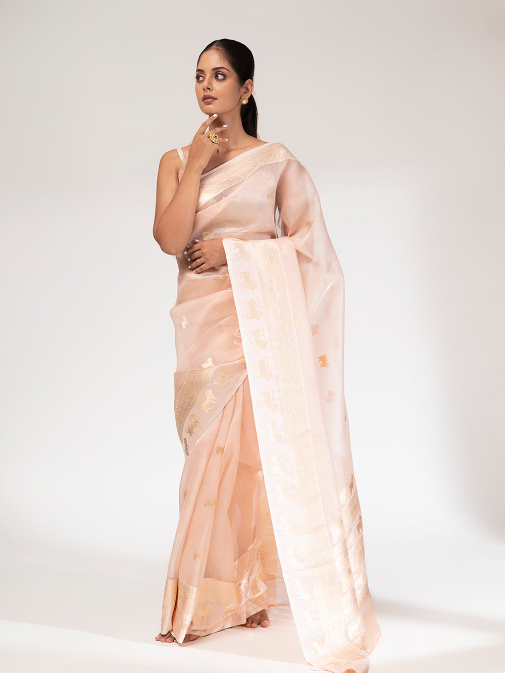 Light Peach Organza Handloom Banarasi Saree - Sacred Weaves