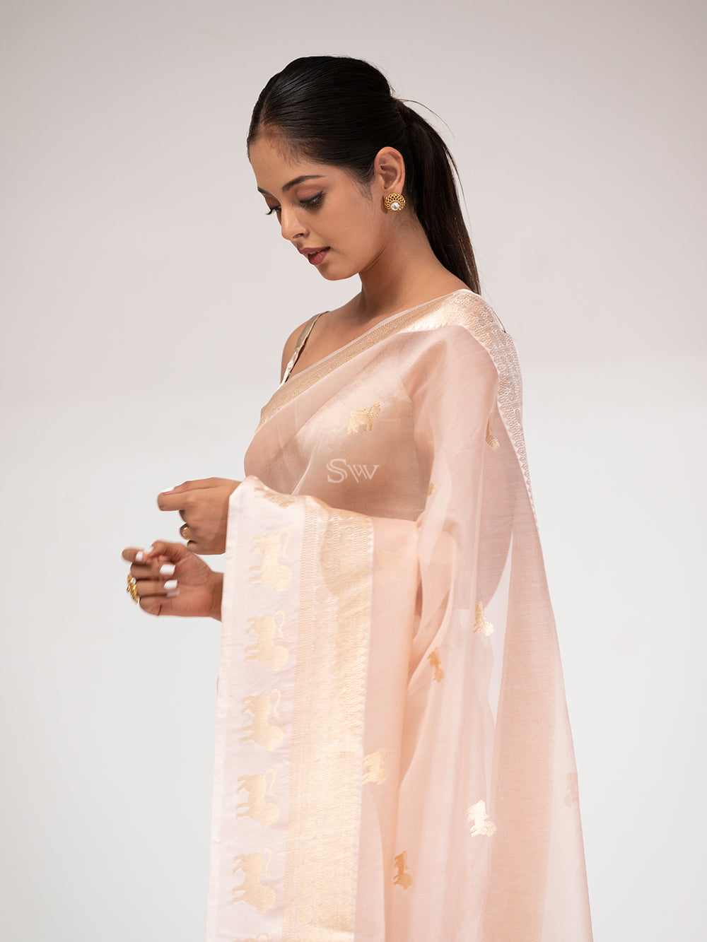 Light Peach Organza Handloom Banarasi Saree - Sacred Weaves