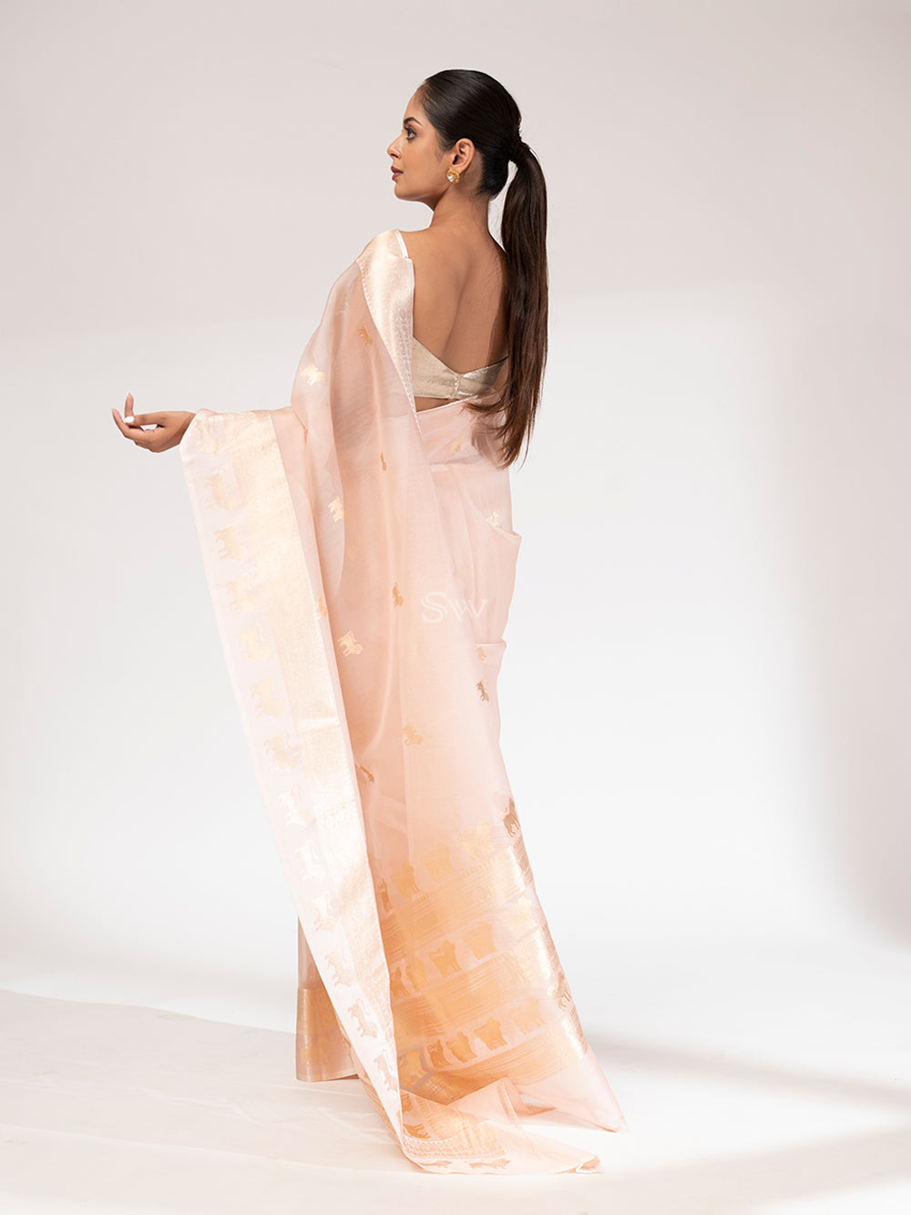 Light Peach Organza Handloom Banarasi Saree - Sacred Weaves
