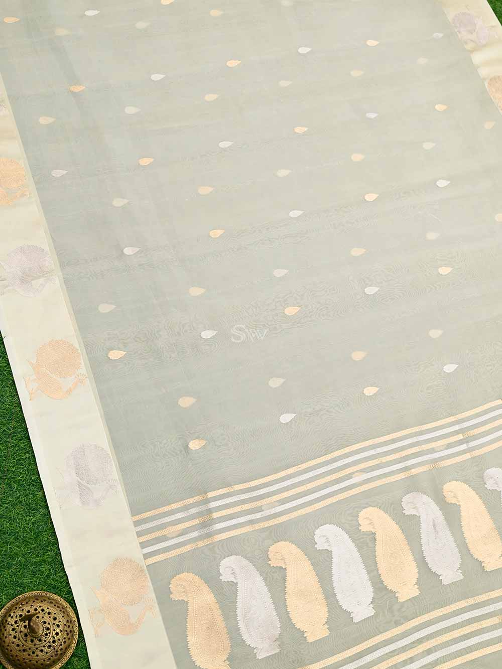 Beige Booti Organza Handloom Banarasi Saree - Sacred Weaves