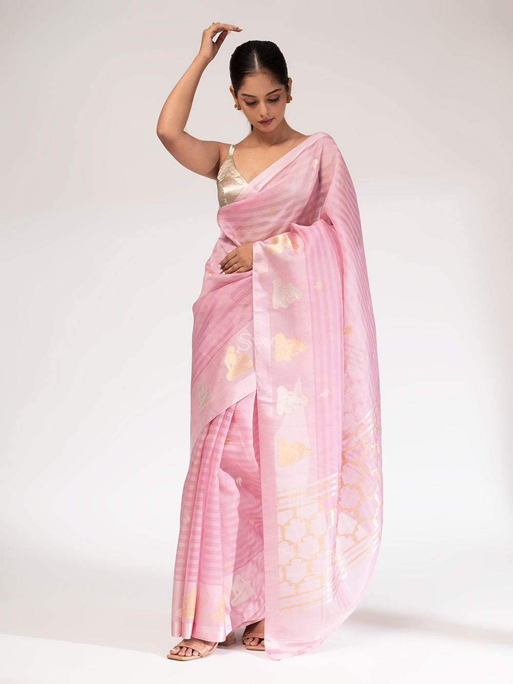 Onion Pink Organza Handloom Banarasi Saree - Sacred Weaves