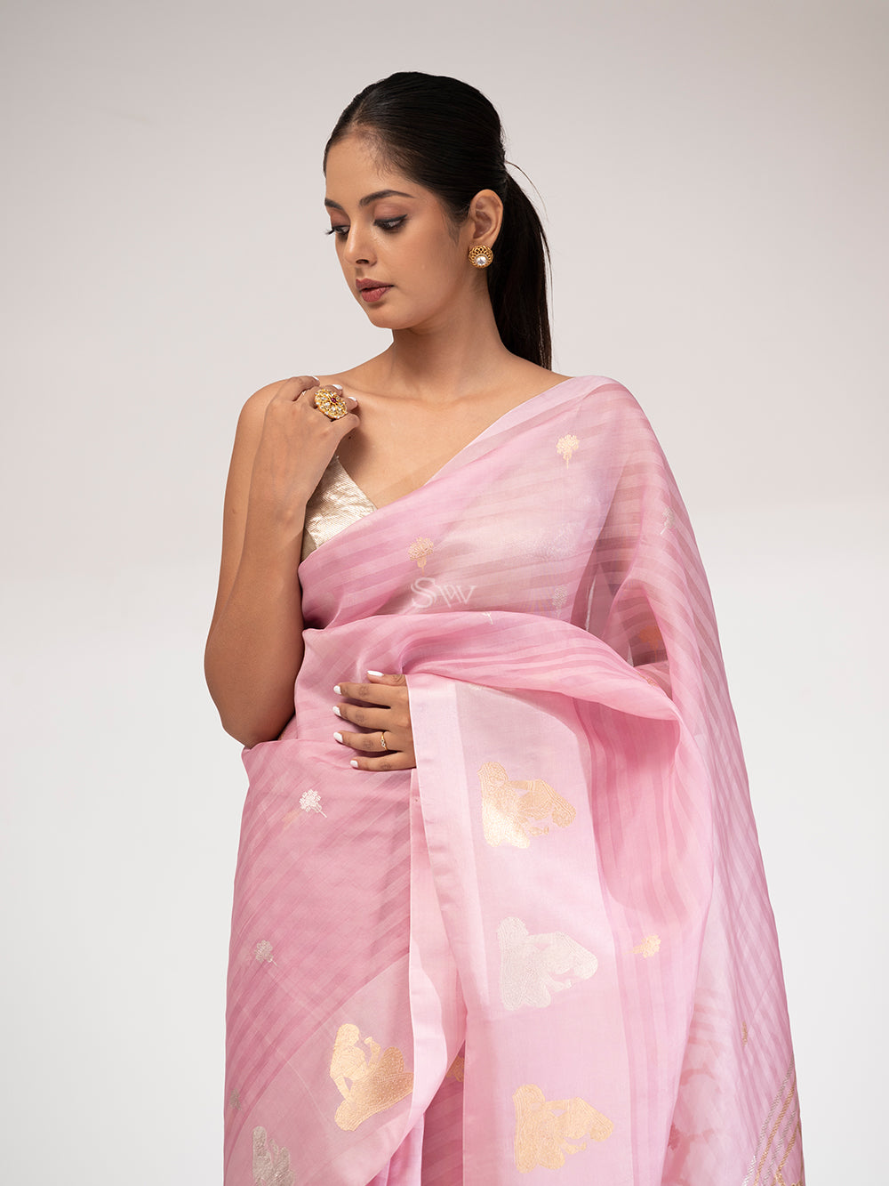 Onion Pink Organza Handloom Banarasi Saree - Sacred Weaves