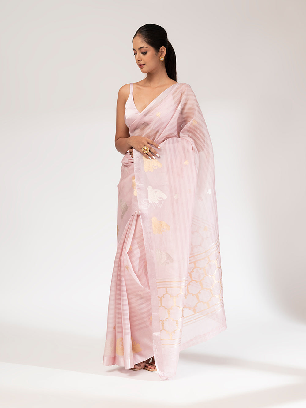 Powder Pink Organza Handloom Banarasi Saree - Sacred Weaves