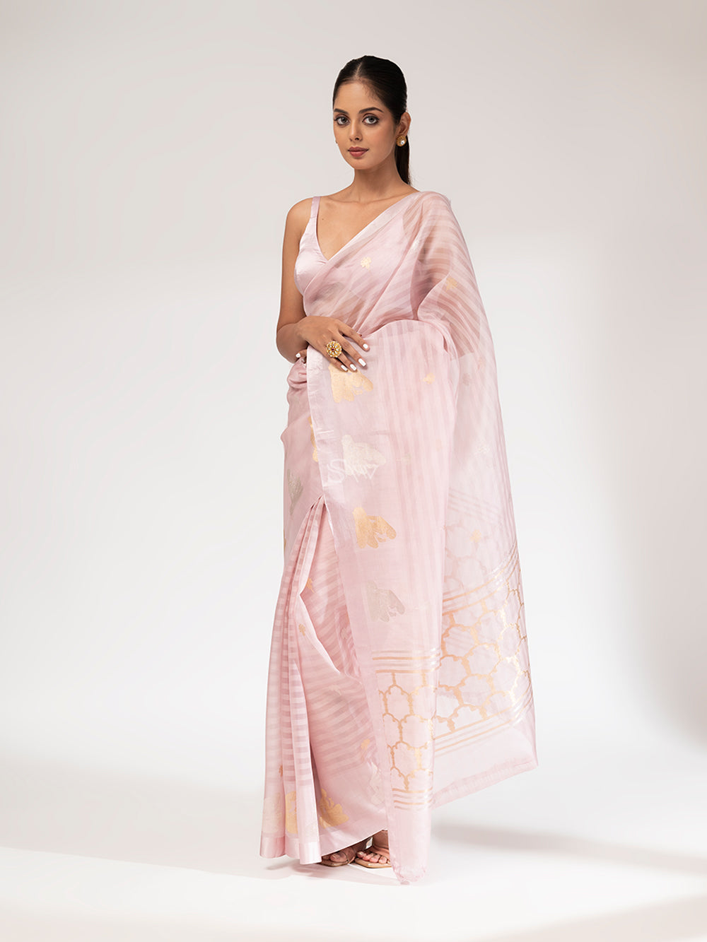 Powder Pink Organza Handloom Banarasi Saree - Sacred Weaves