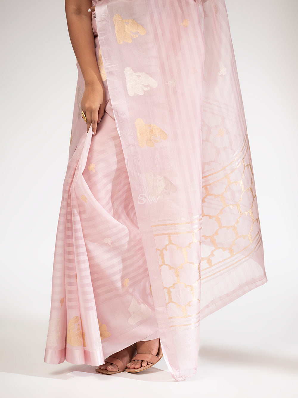 Powder Pink Organza Handloom Banarasi Saree - Sacred Weaves