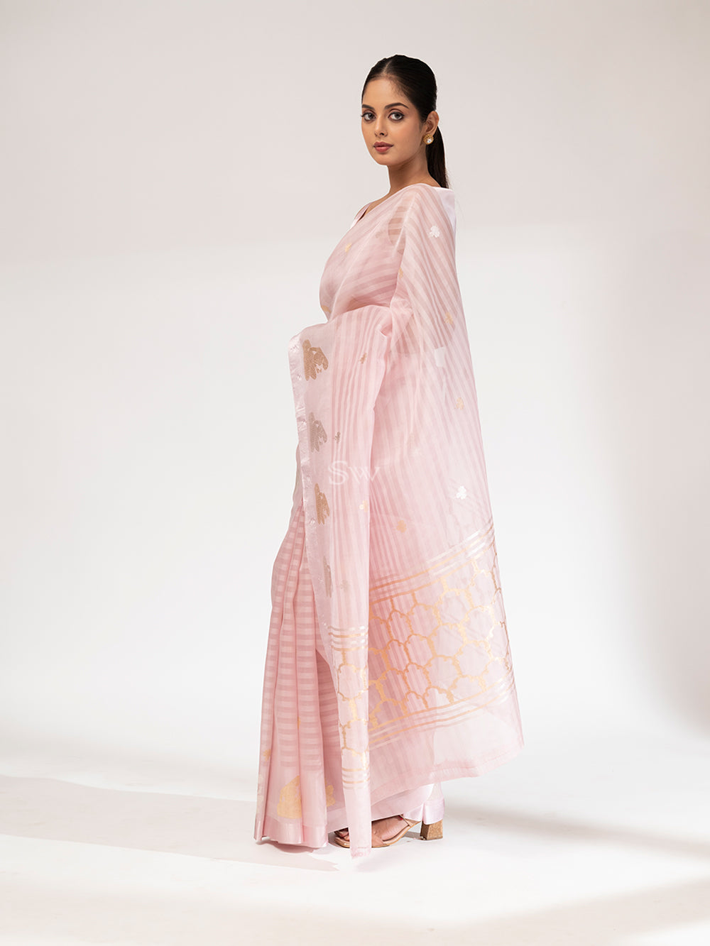 Powder Pink Organza Handloom Banarasi Saree - Sacred Weaves