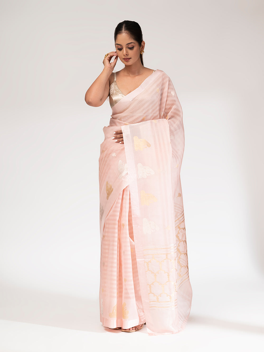 Light Rose Gold Organza Handloom Banarasi Saree - Sacred Weaves