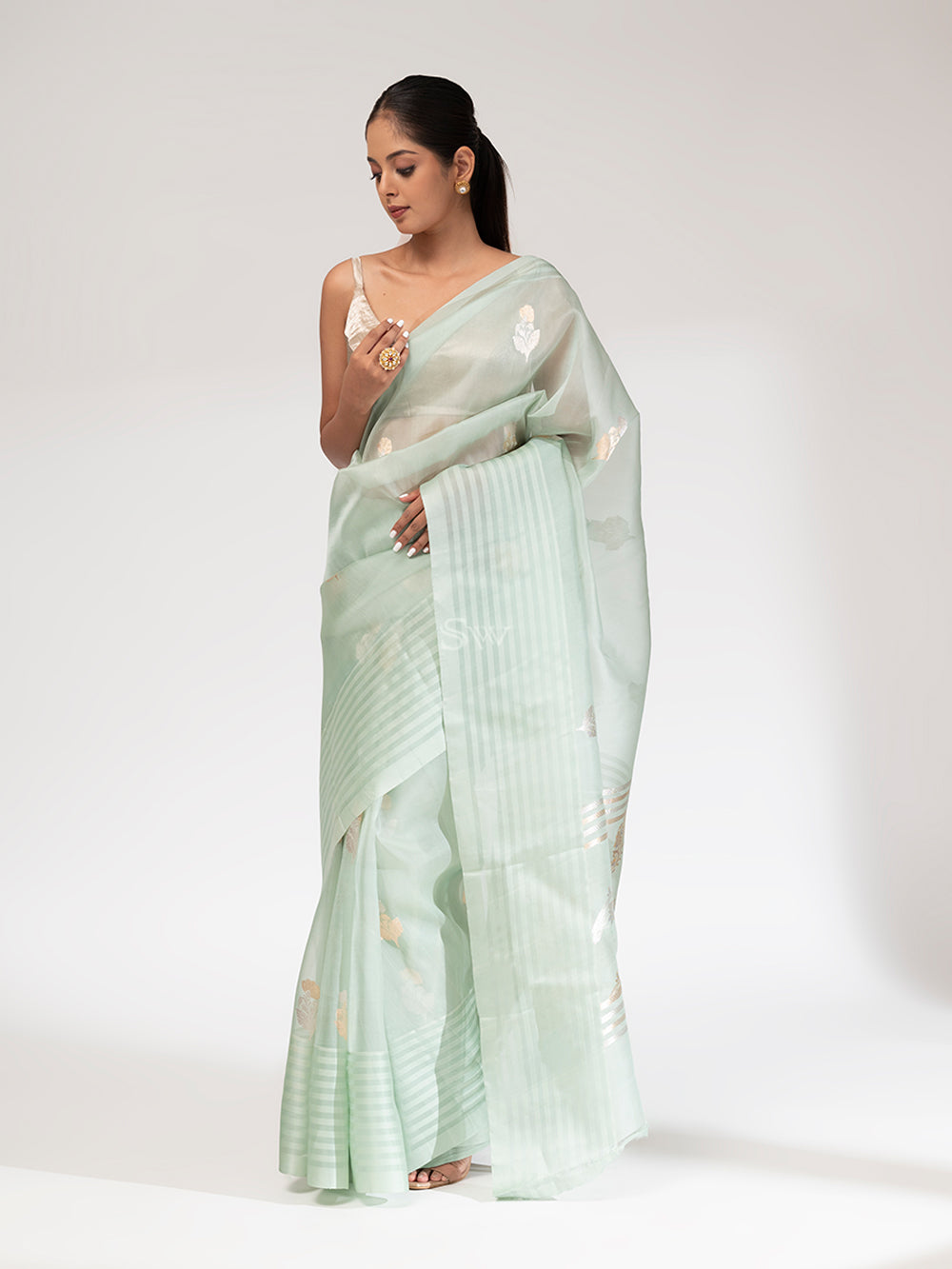 Mint Green Organza Handloom Banarasi Saree - Sacred Weaves