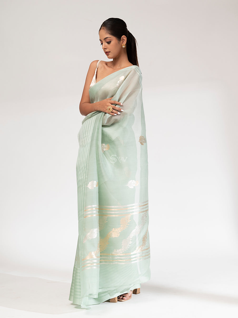 Mint Green Organza Handloom Banarasi Saree - Sacred Weaves