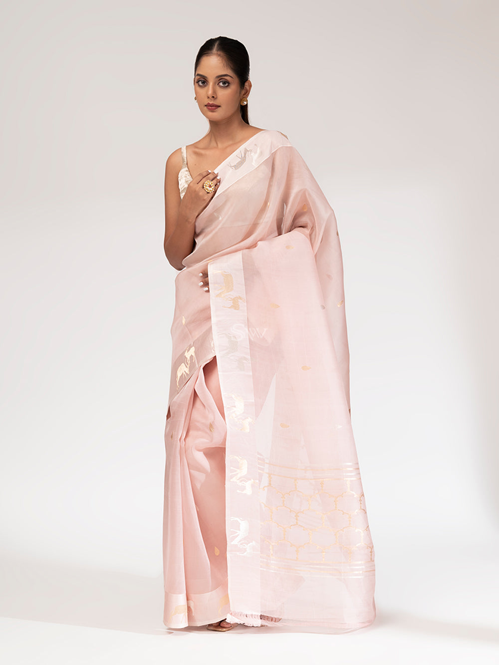 Powder Pink Booti Organza Handloom Banarasi Saree - Sacred Weaves