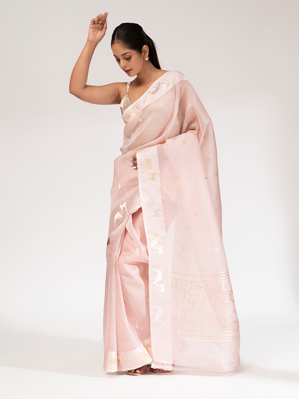 Powder Pink Booti Organza Handloom Banarasi Saree - Sacred Weaves