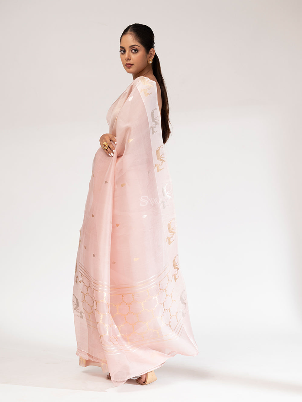 Powder Pink Booti Organza Handloom Banarasi Saree - Sacred Weaves