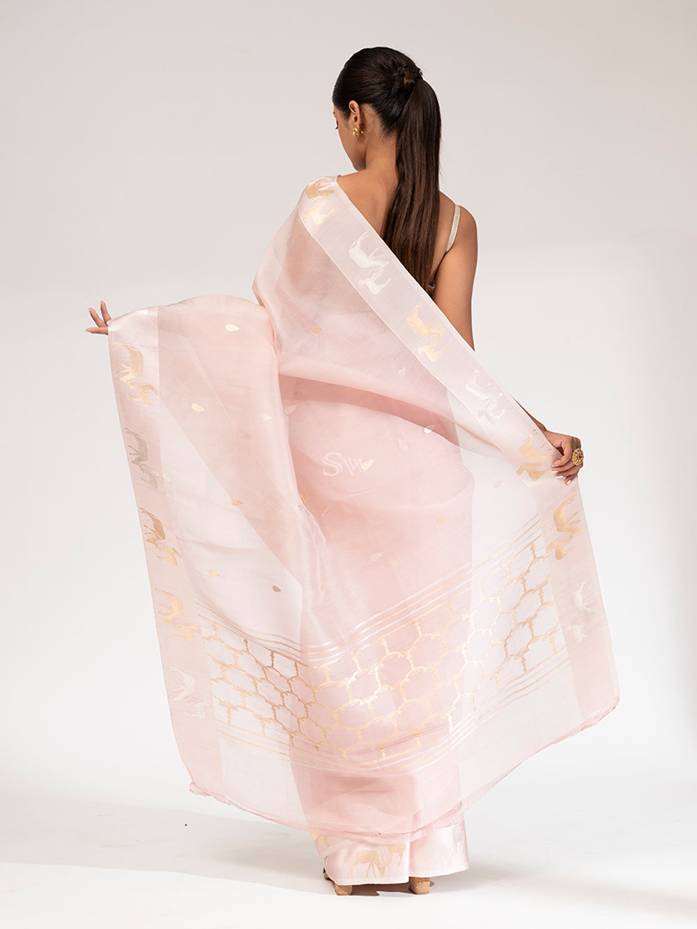 Powder Pink Booti Organza Handloom Banarasi Saree - Sacred Weaves