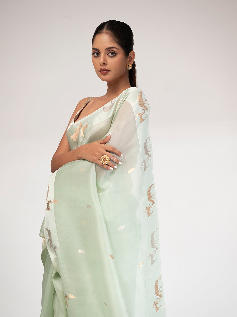 Pista Green Booti Organza Handloom Banarasi Saree - Sacred Weaves