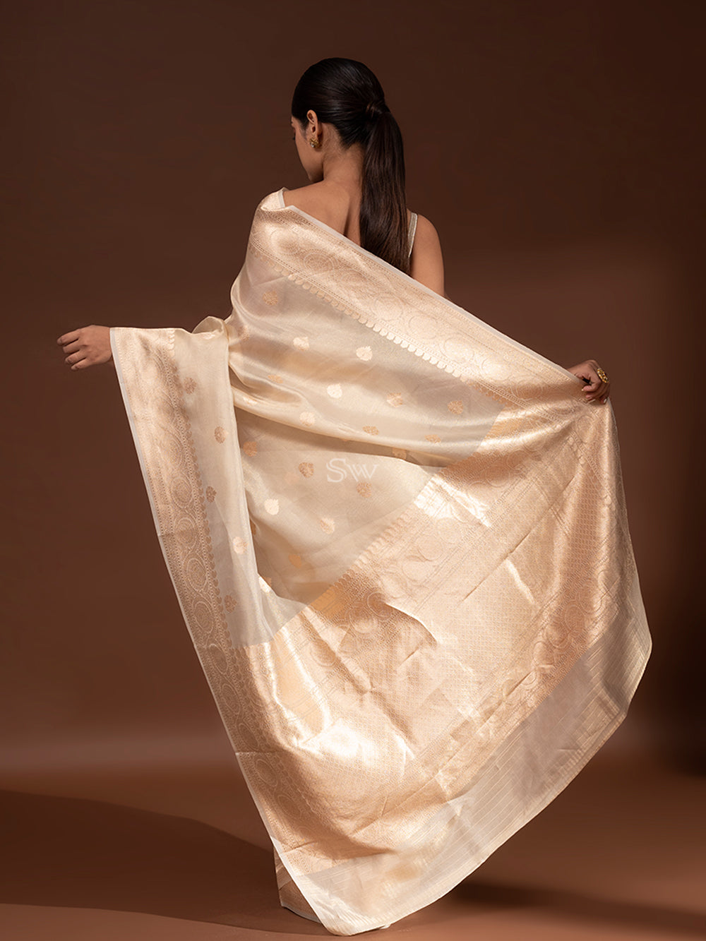 Beige Booti Tissue Handloom Banarasi Saree - Sacred Weaves