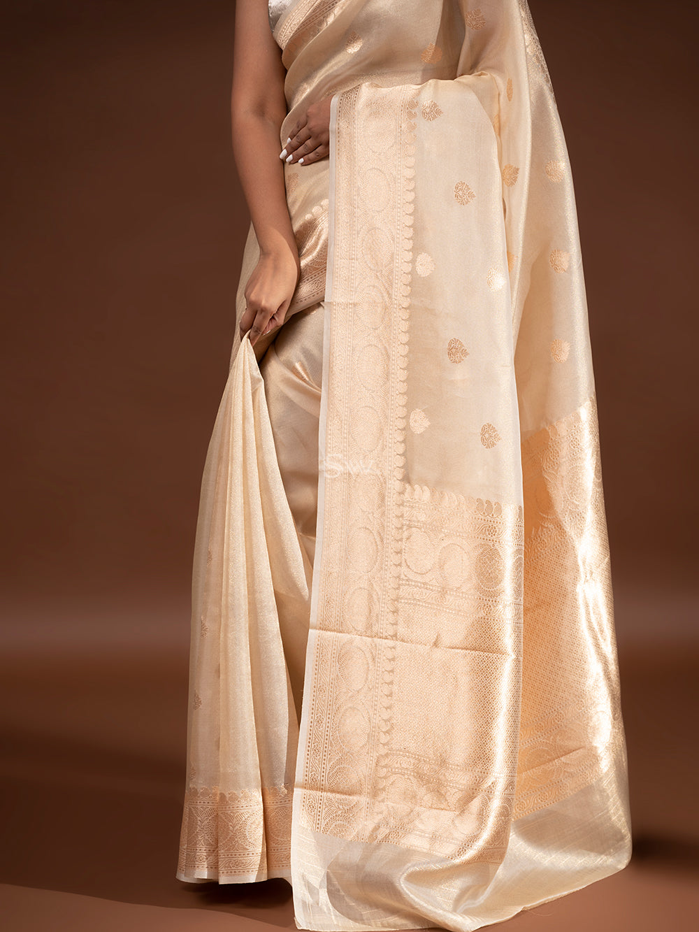 Beige Booti Tissue Handloom Banarasi Saree - Sacred Weaves