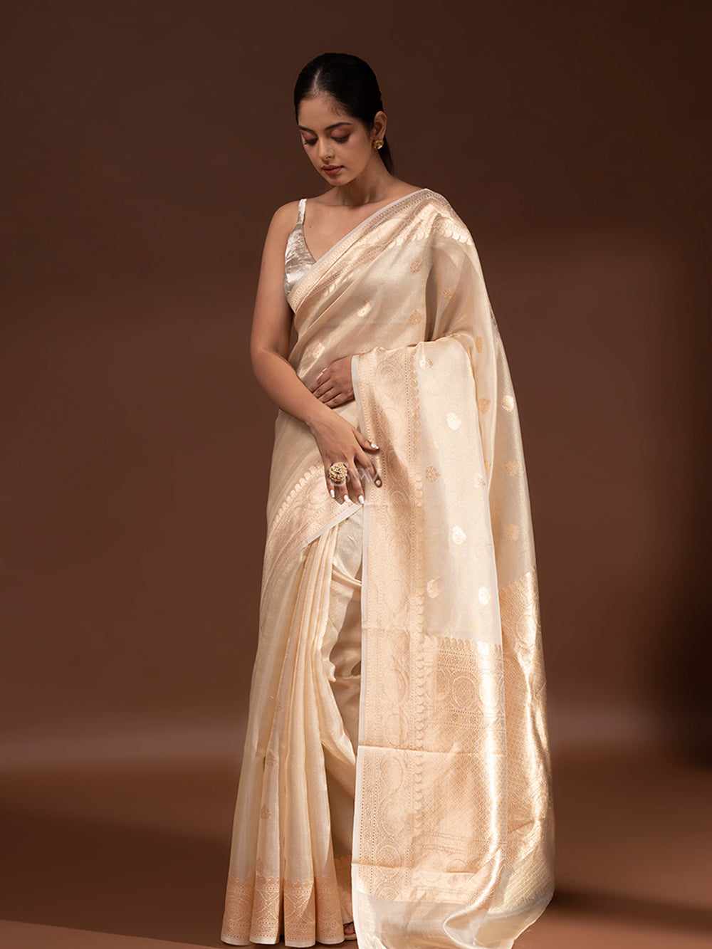 Beige Booti Tissue Handloom Banarasi Saree - Sacred Weaves