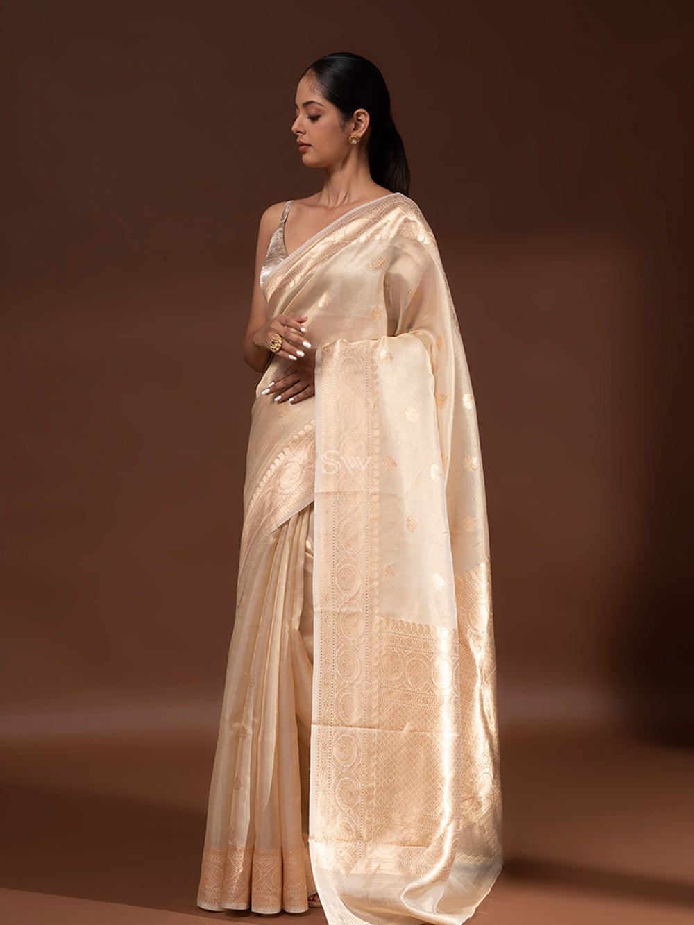 Beige Booti Tissue Handloom Banarasi Saree - Sacred Weaves