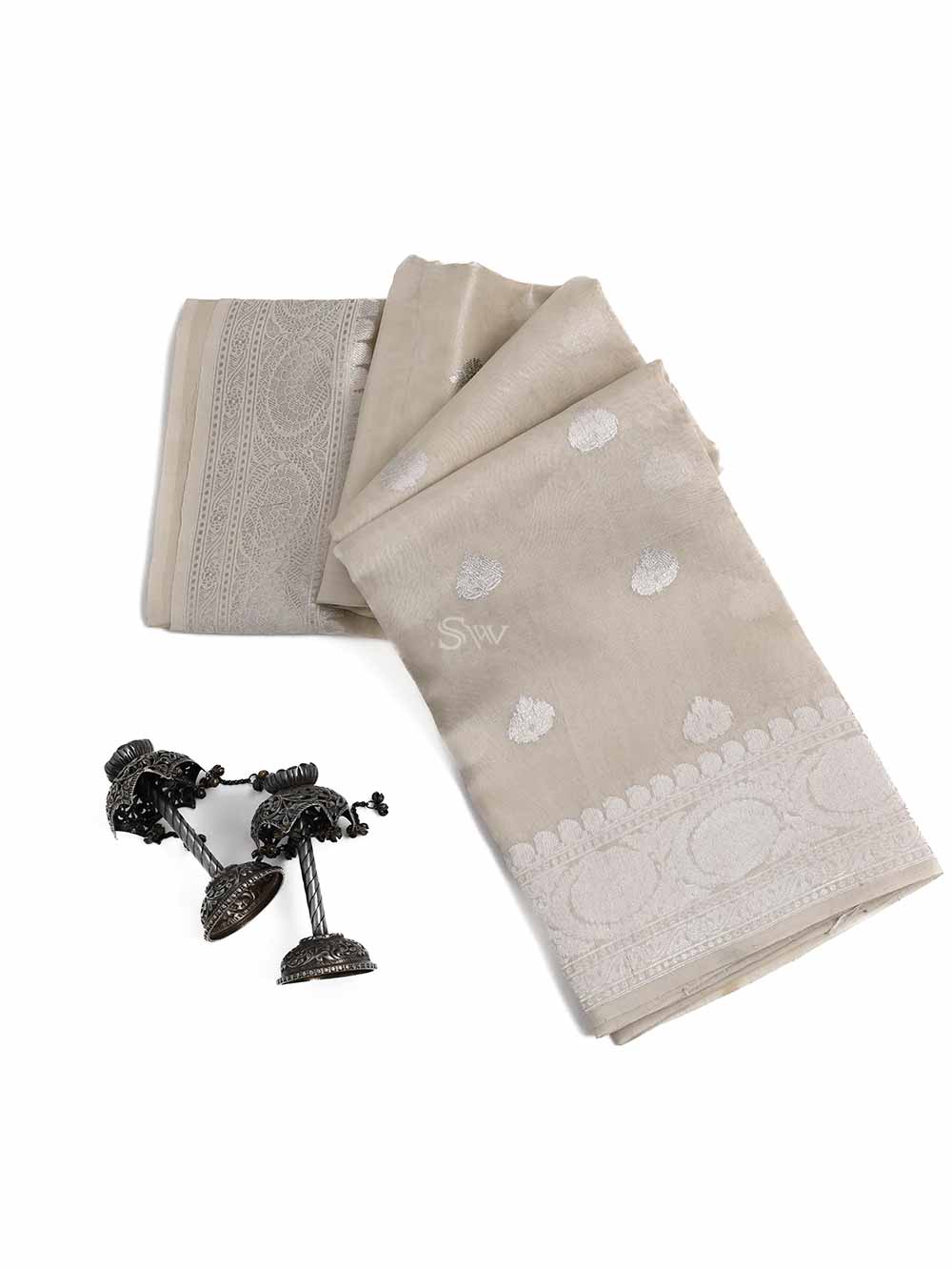 Off White Booti Tissue Handloom Banarasi Saree - Sacred Weaves