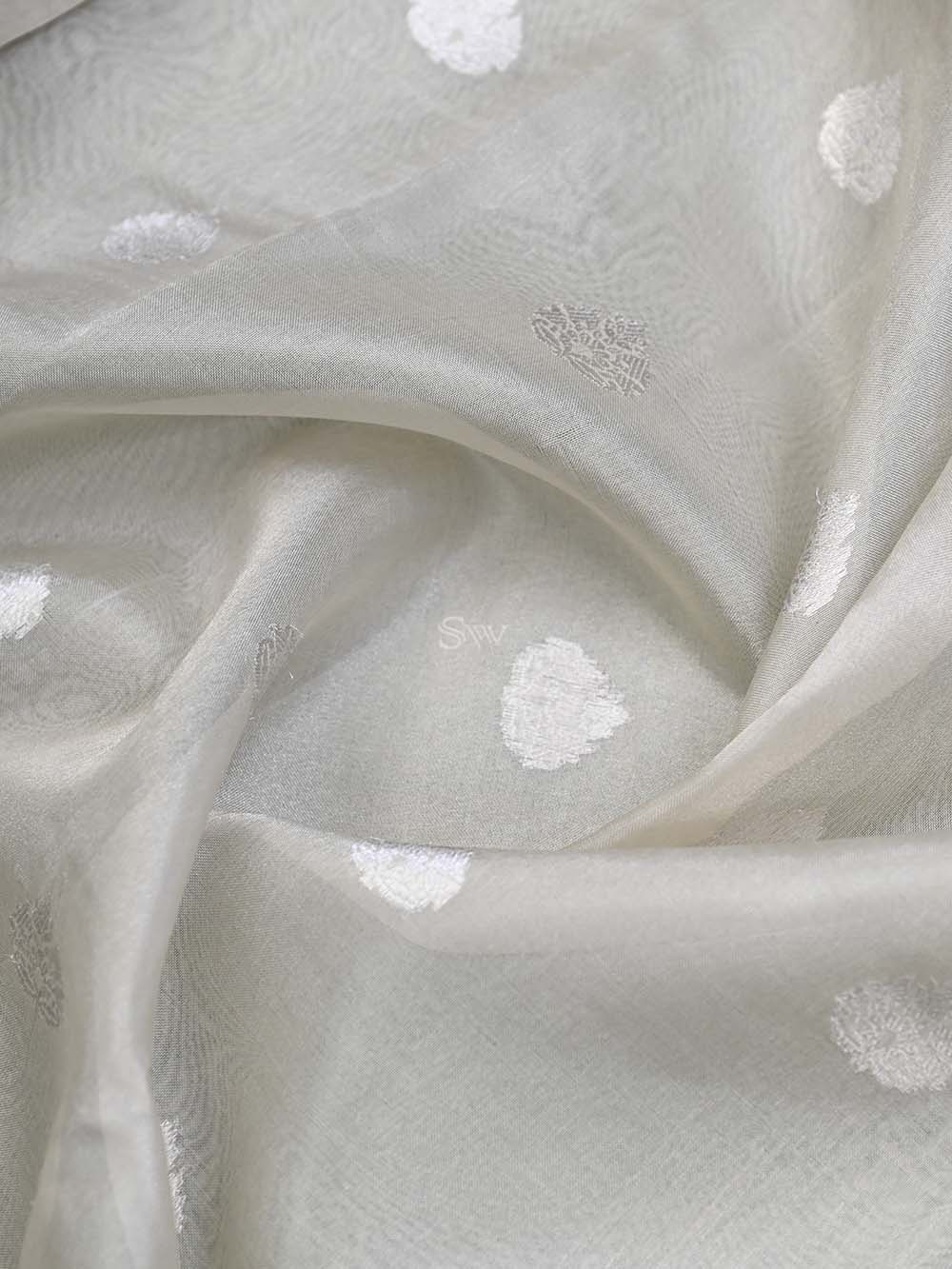 Off White Booti Tissue Handloom Banarasi Saree - Sacred Weaves