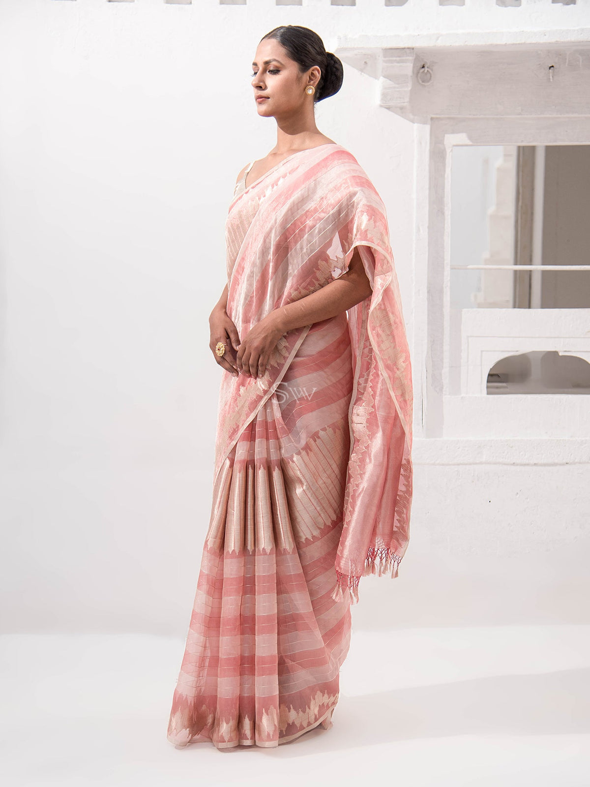 Pastel Pink Tissue Rangkat Handloom Banarasi Saree - Sacred Weaves