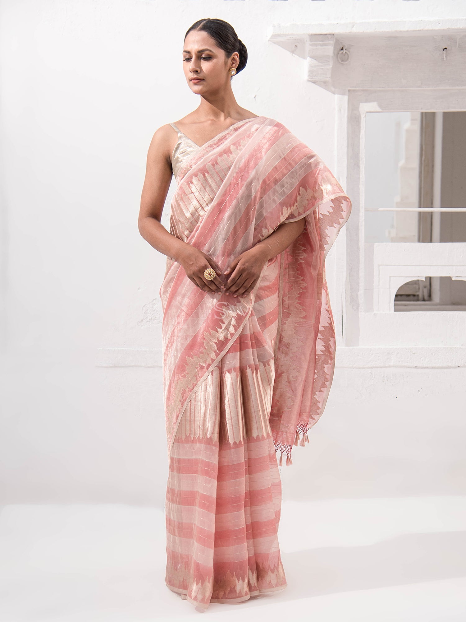 Pastel Pink Tissue Rangkat Handloom Banarasi Saree - Sacred Weaves