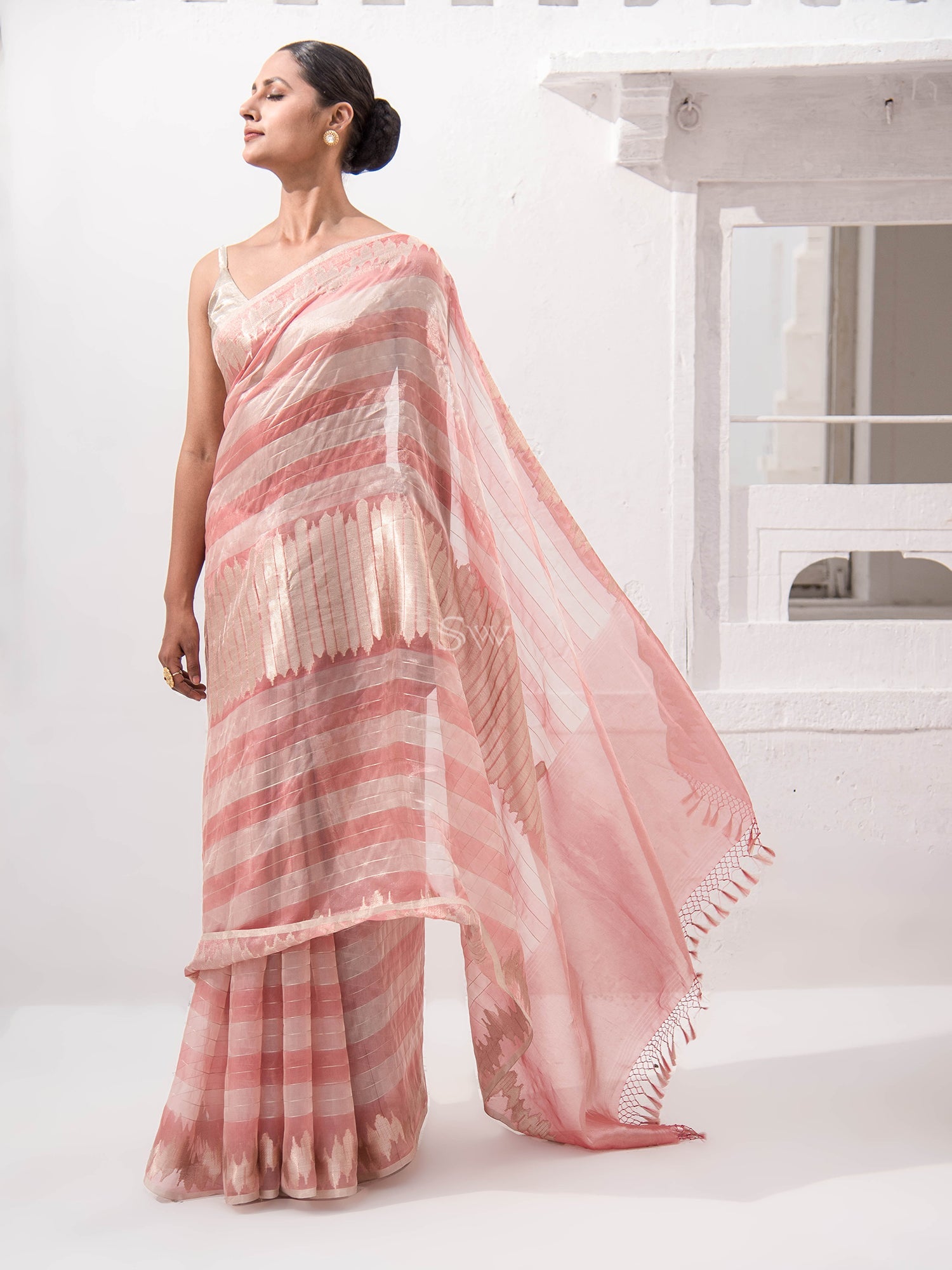 Pastel Pink Tissue Rangkat Handloom Banarasi Saree - Sacred Weaves