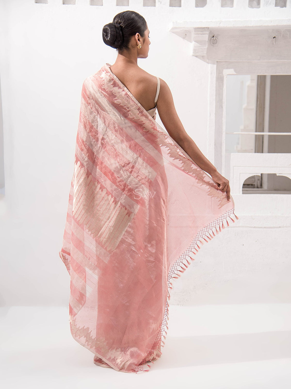 Pastel Pink Tissue Rangkat Handloom Banarasi Saree - Sacred Weaves