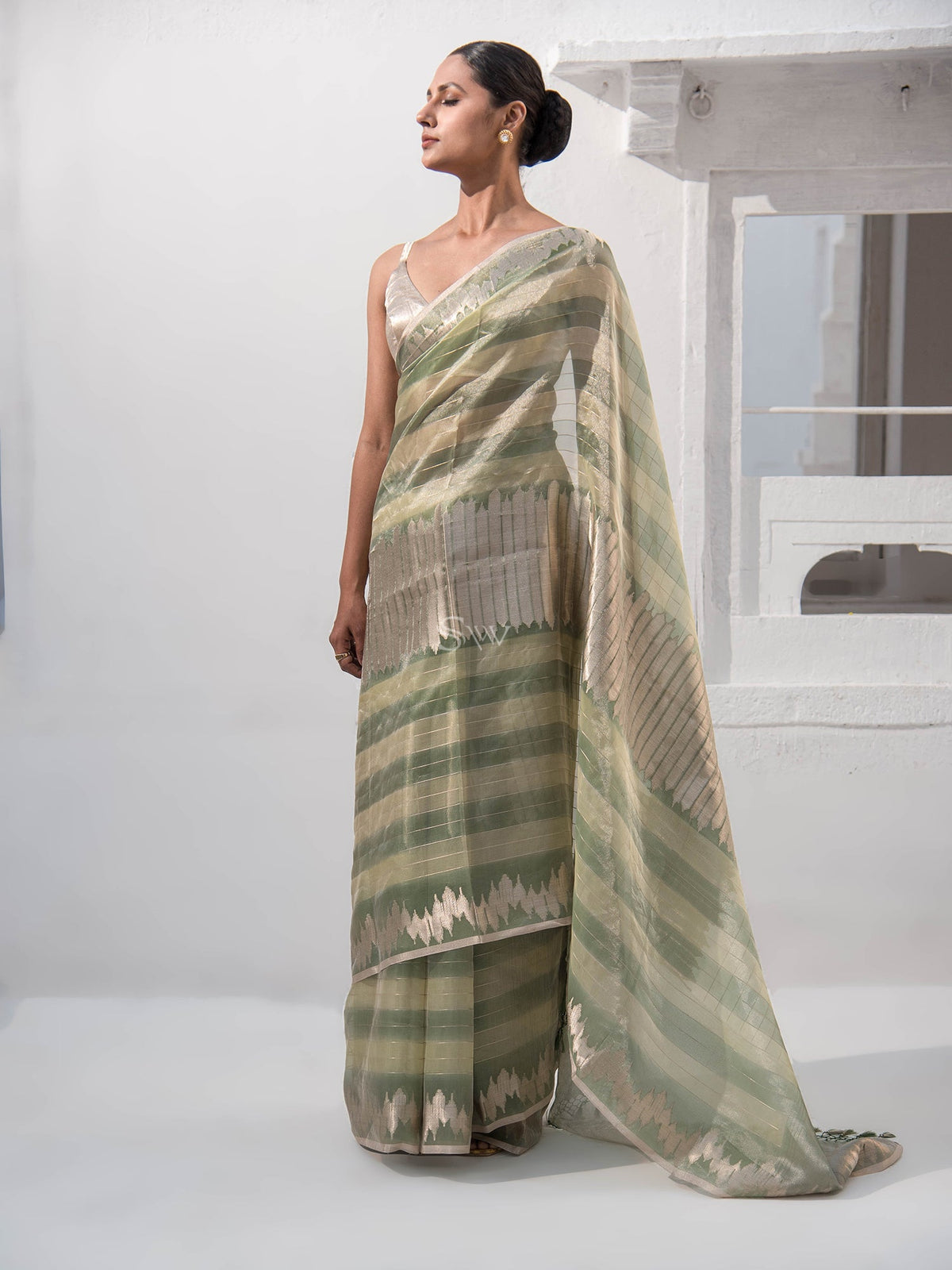 Pastel Moss Green Tissue Rangkat Handloom Banarasi Saree - Sacred Weaves