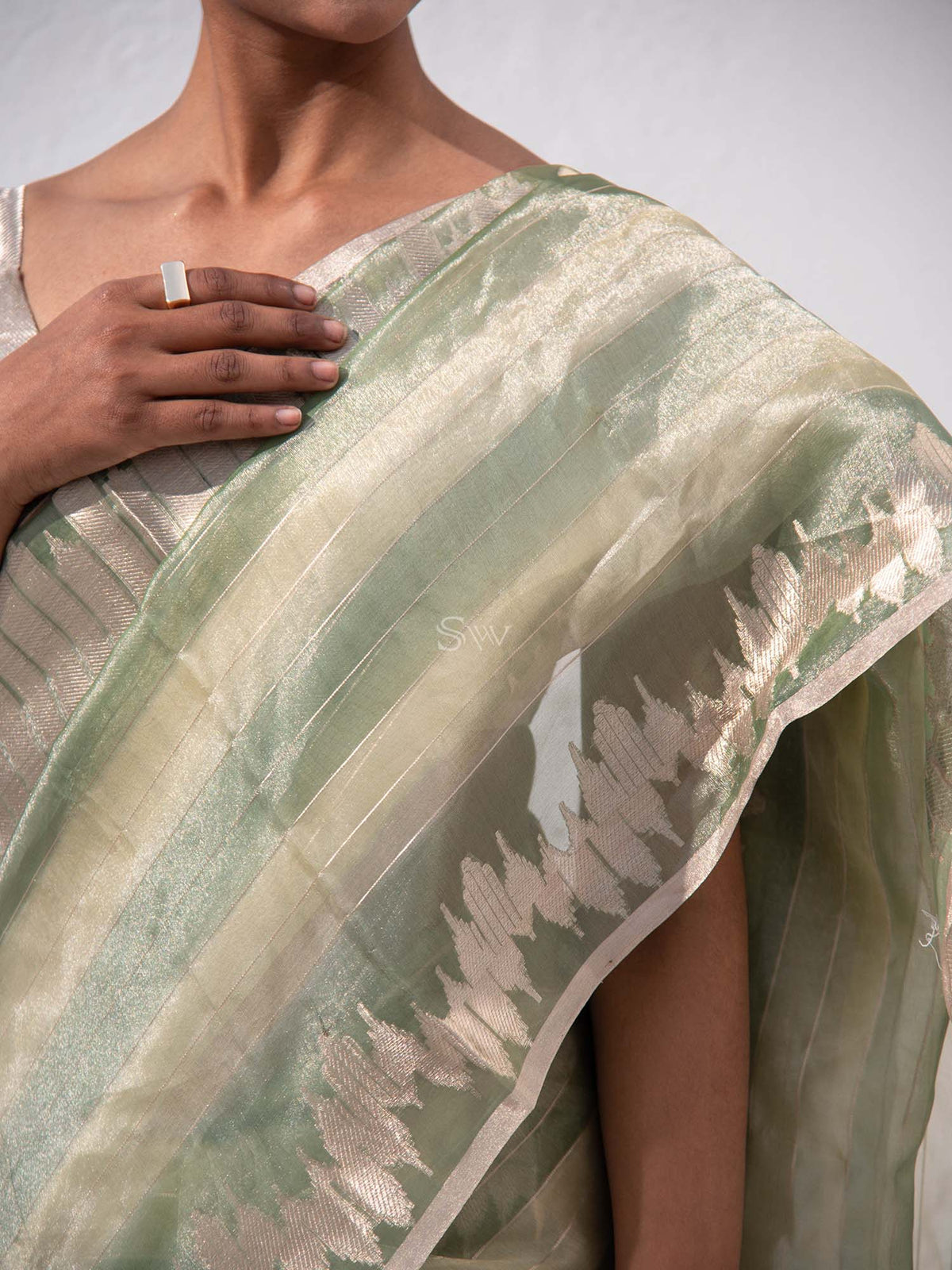 Pastel Moss Green Tissue Rangkat Handloom Banarasi Saree - Sacred Weaves