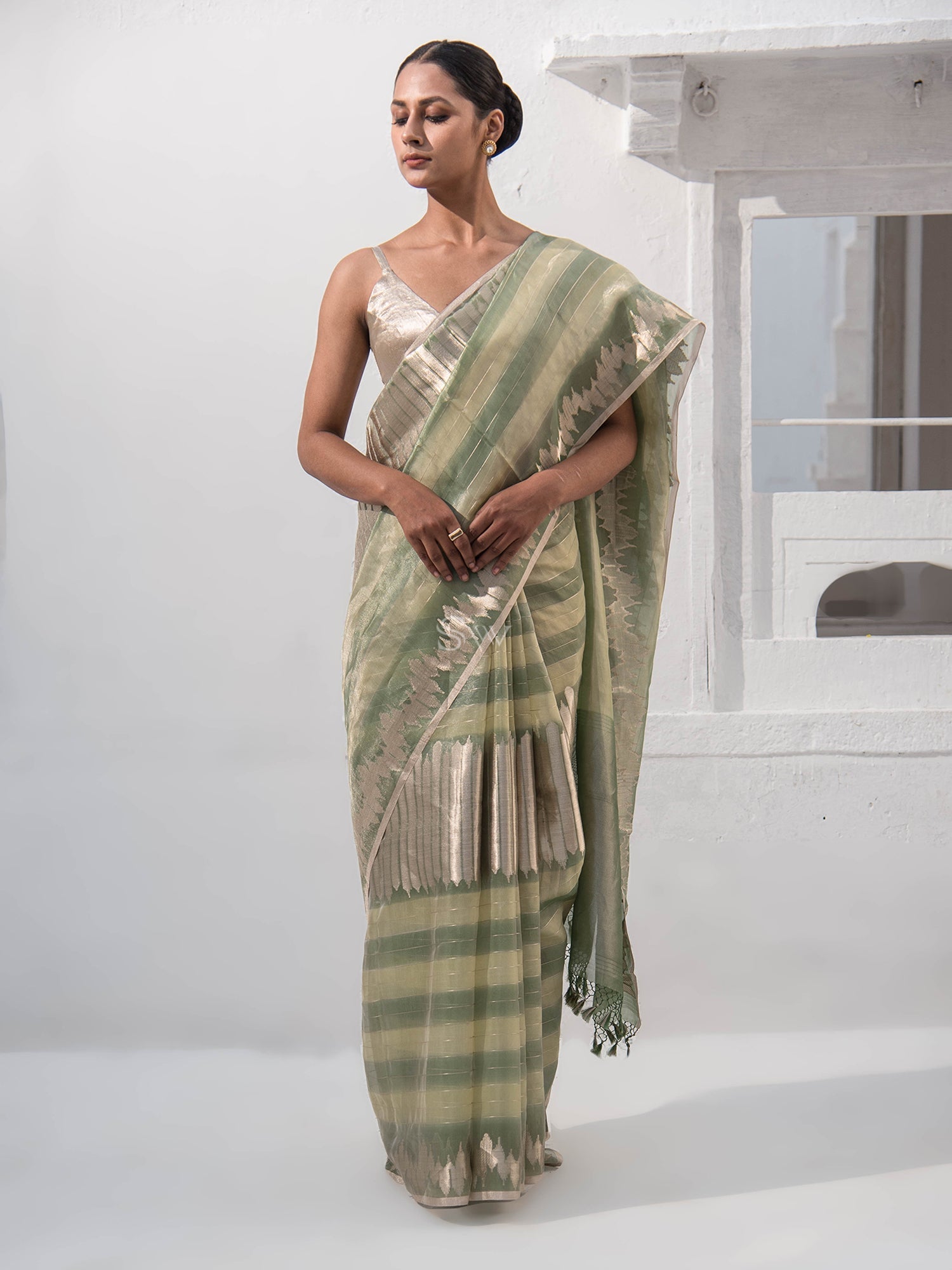 Pastel Moss Green Tissue Rangkat Handloom Banarasi Saree - Sacred Weaves