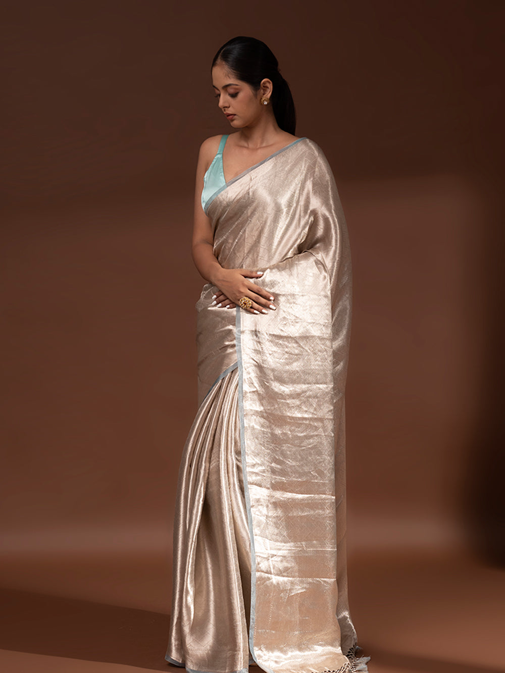Blue Grey Tissue Brocade Handloom Banarasi Saree - Sacred Weaves