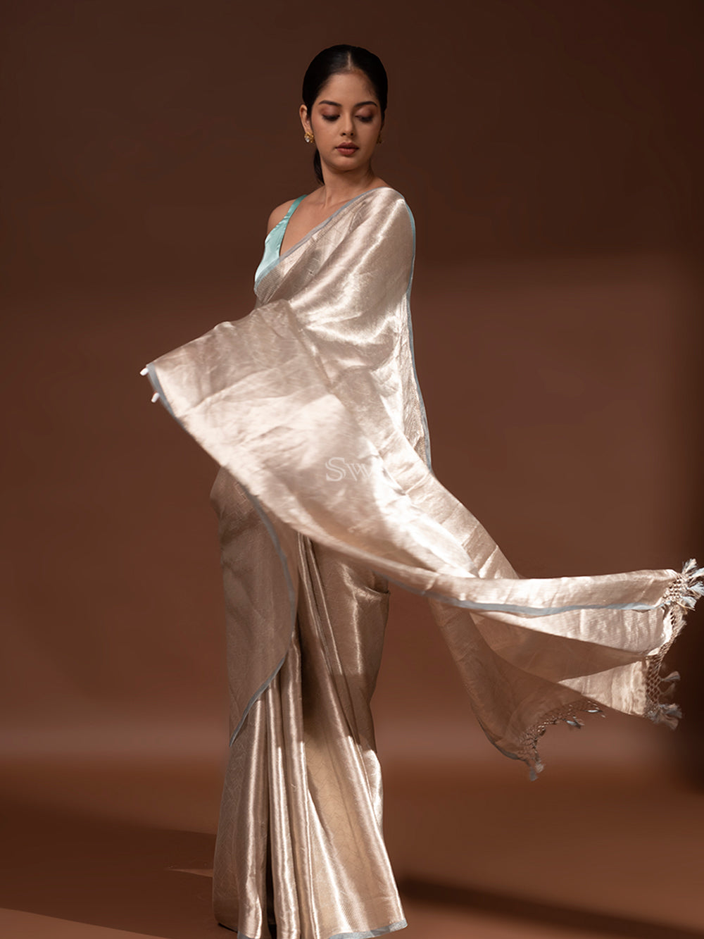 Blue Grey Tissue Brocade Handloom Banarasi Saree - Sacred Weaves