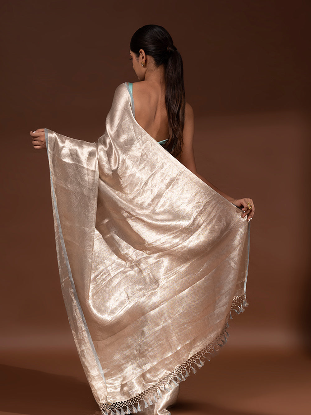 Blue Grey Tissue Brocade Handloom Banarasi Saree - Sacred Weaves
