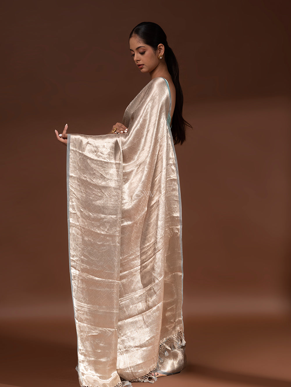 Blue Grey Tissue Brocade Handloom Banarasi Saree - Sacred Weaves
