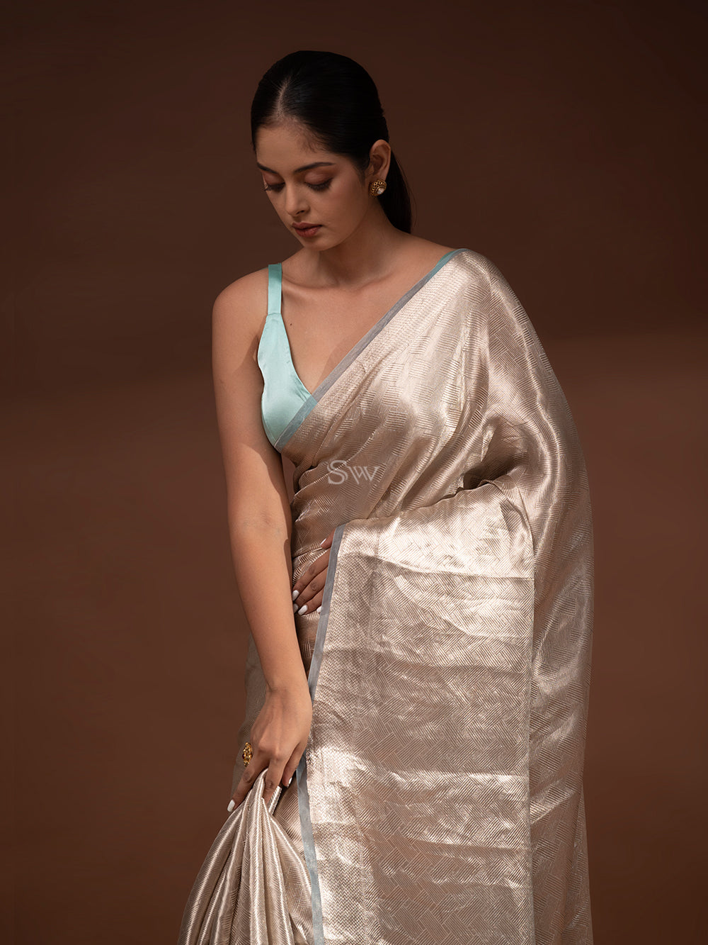 Blue Grey Tissue Brocade Handloom Banarasi Saree - Sacred Weaves