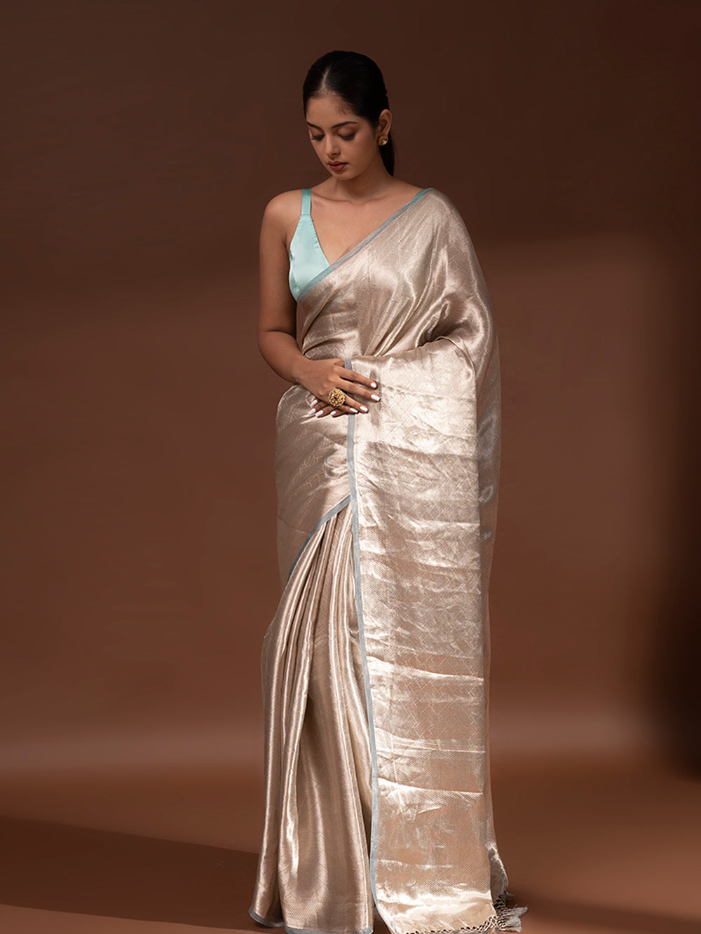 Blue Grey Tissue Brocade Handloom Banarasi Saree - Sacred Weaves
