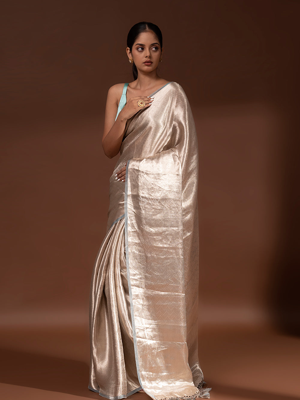 Blue Grey Tissue Brocade Handloom Banarasi Saree - Sacred Weaves