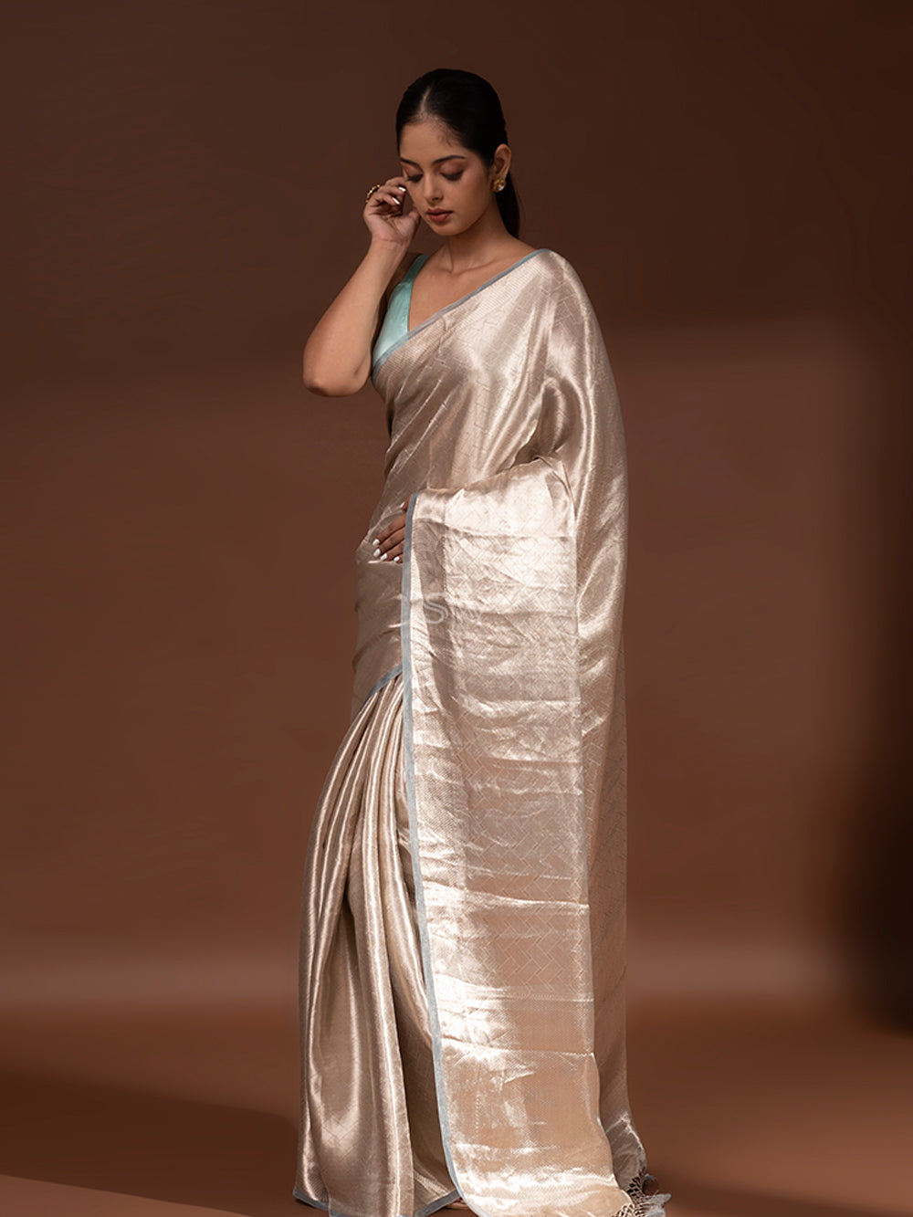 Blue Grey Tissue Brocade Handloom Banarasi Saree - Sacred Weaves