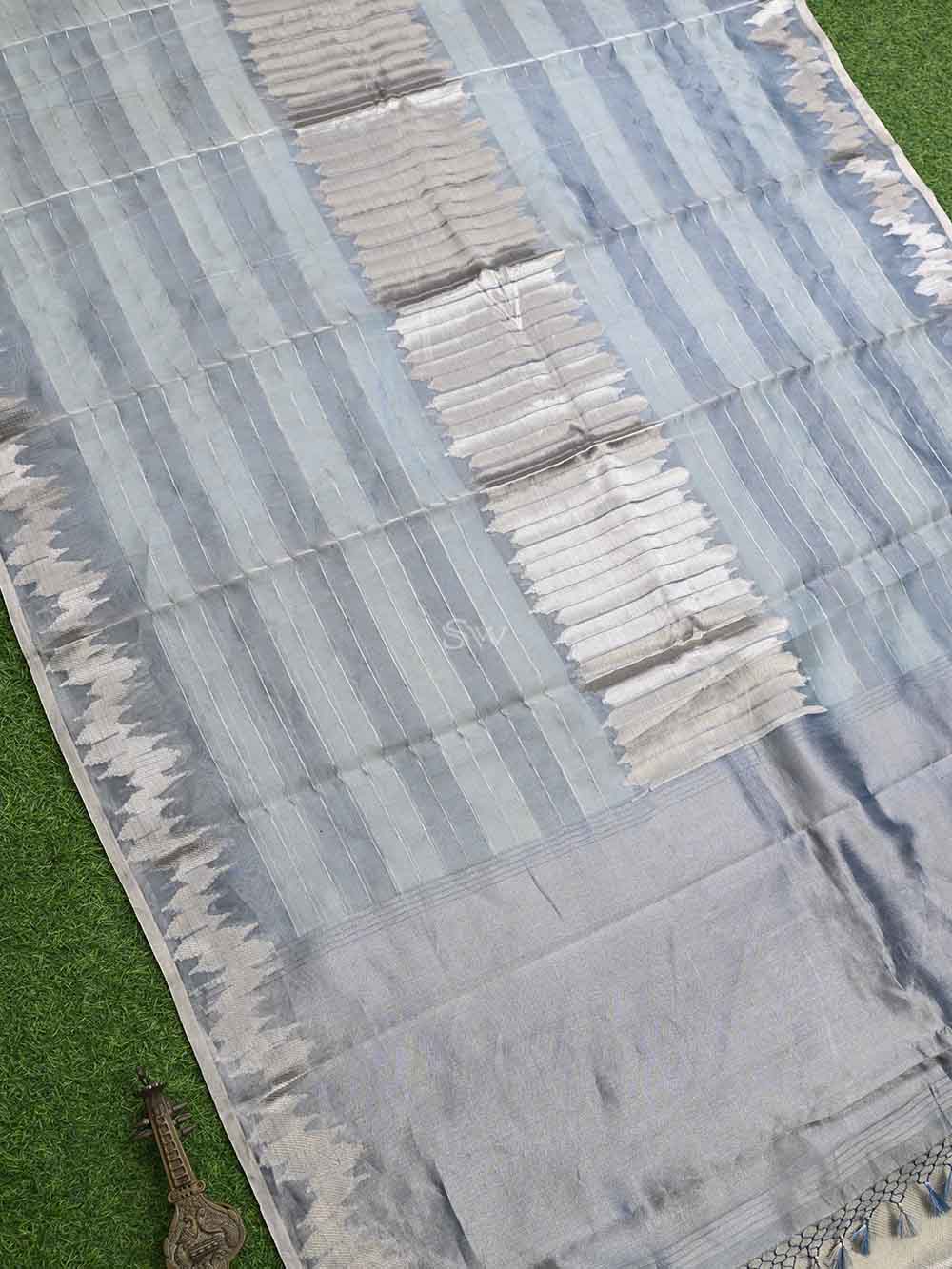 Pastel Aqua Blue Tissue Rangkat Handloom Banarasi Saree - Sacred Weaves