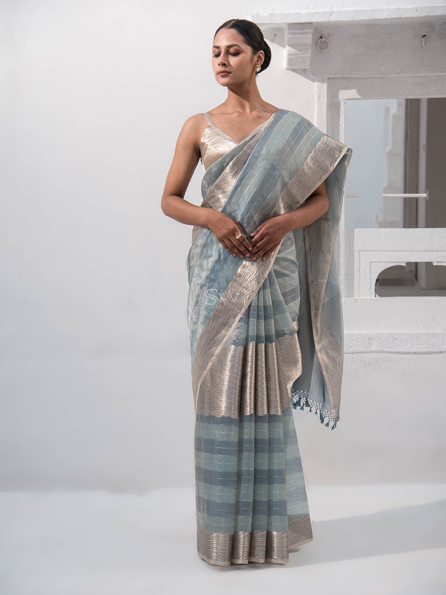 Pastel Aqua Blue Tissue Rangkat Handloom Banarasi Saree - Sacred Weaves