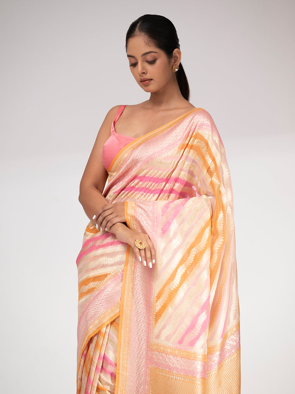 Orange Pink Rangkat Khaddi Georgette Handloom Banarasi Saree - Sacred Weaves