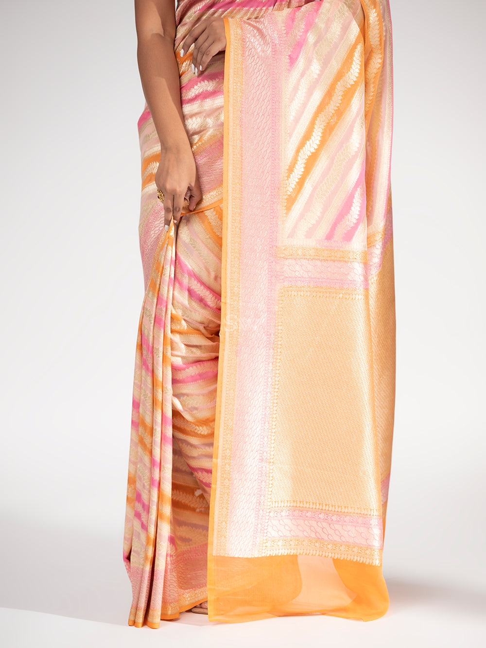 Orange Pink Rangkat Khaddi Georgette Handloom Banarasi Saree - Sacred Weaves