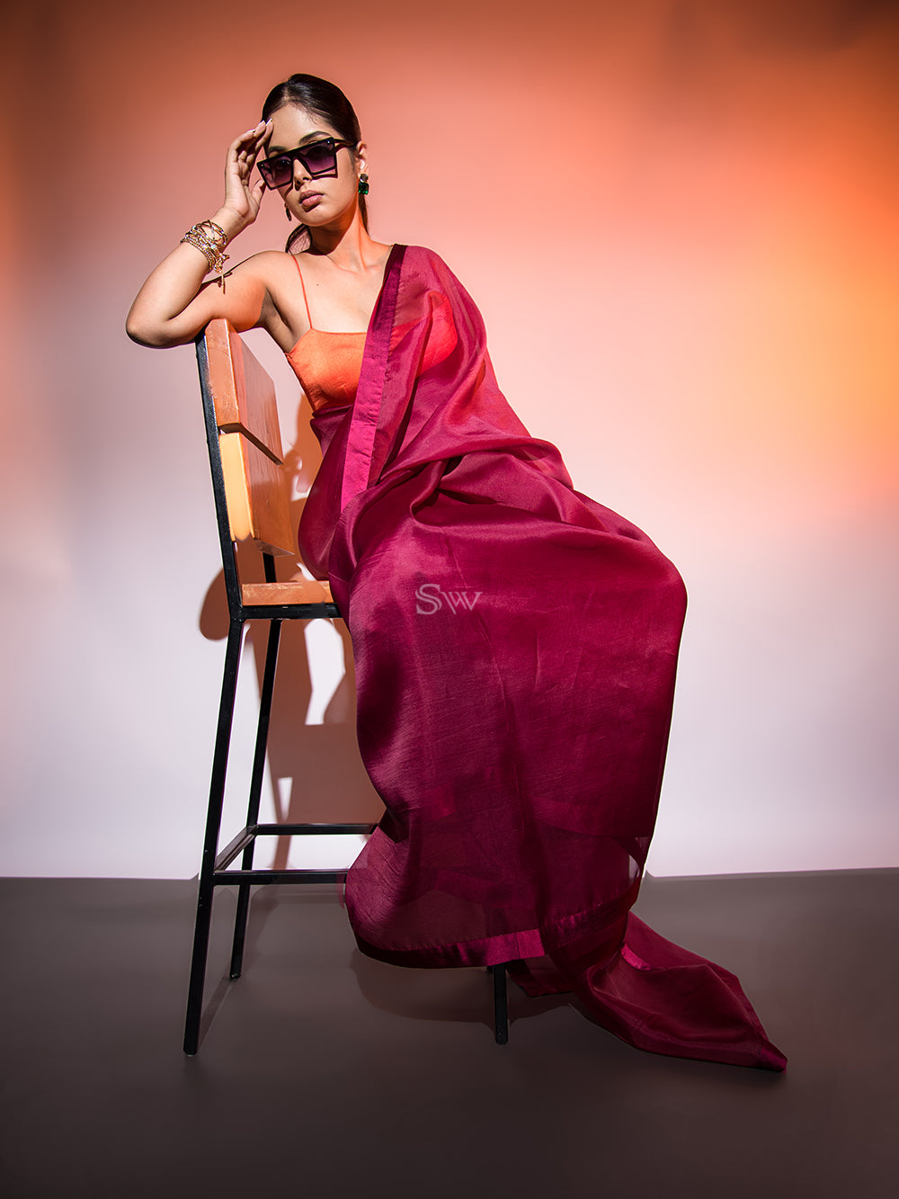 Wine Plain Organza Handloom Banarasi Saree - Sacred Weaves