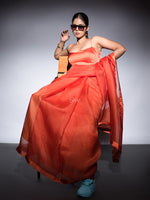 Orange Plain Organza Handloom Saree - Sacred Weaves