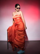 Orange Plain Organza Handloom Saree - Sacred Weaves