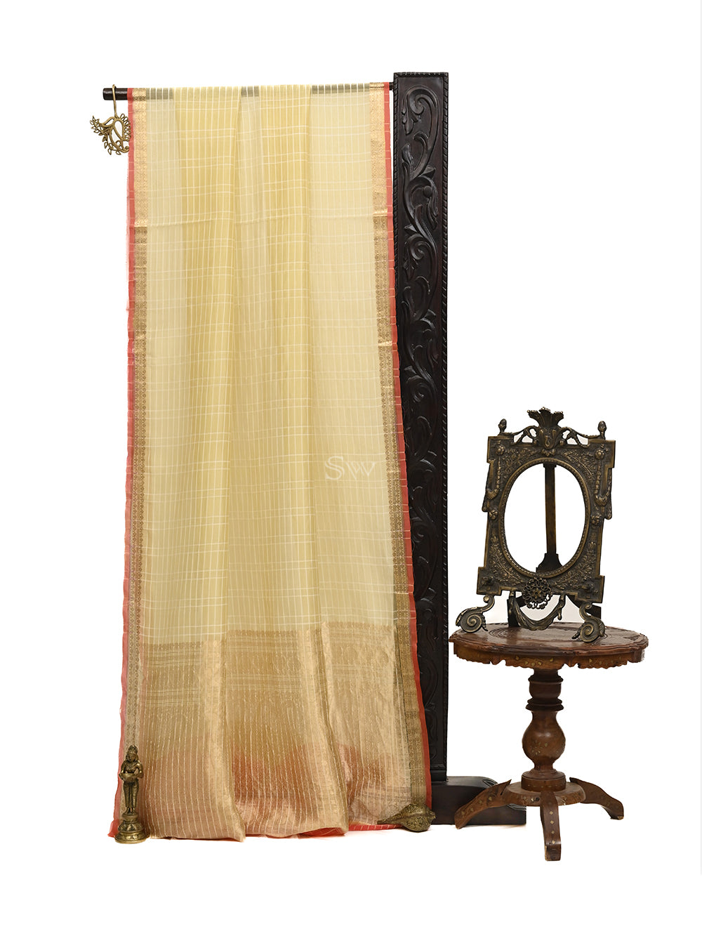 Pastel Yellow Check Organza Handloom Banarasi Saree- Sacred Weaves