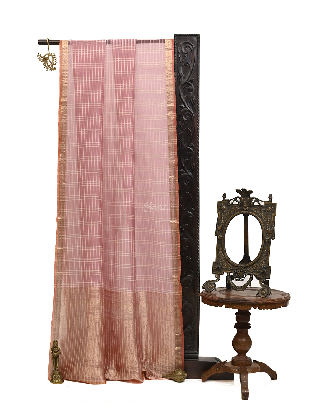 Pastel Mauve Check Organza Handloom Banarasi Saree - Sacred Weaves